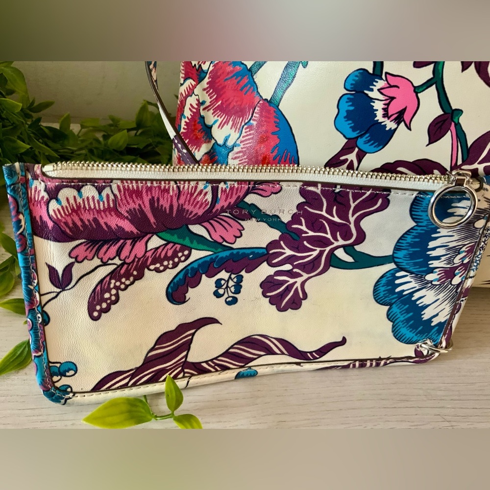 TORY BURCH RORY LARGE LEATHER HAPPY TIMES PRINTED TOTE W/POUCH - Picture 4 of 12